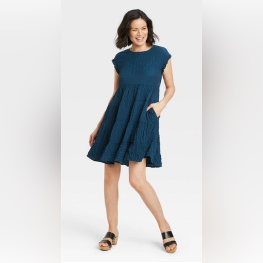Knox Rose Short Sleeve Babydoll Tiered Dress | Navy | Size Small